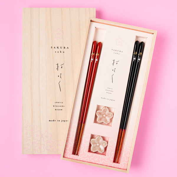 WAKASA-NURI CHOPSTICKS PAIR “SAKURA BLOOM” SAKURA & MT. FUJI PAIR WITH RAKUGAN CHOPSTICK RESTS