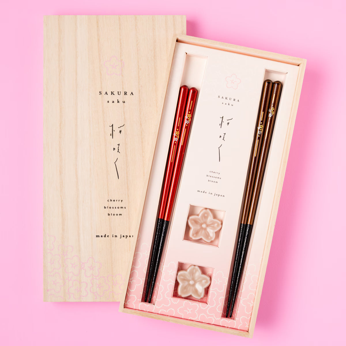 WAKASA-NURI CHOPSTICKS PAIR “SAKURA BLOOM” WITH RAKUGAN-STYLE CHOPSTICK RESTS