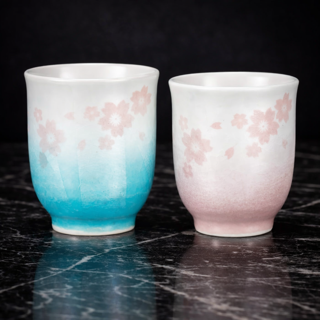 KUTANI WARE “SILVER SAKURA” YUNOMI TEA CUP PAIR (IN PRESENTATION BOX)