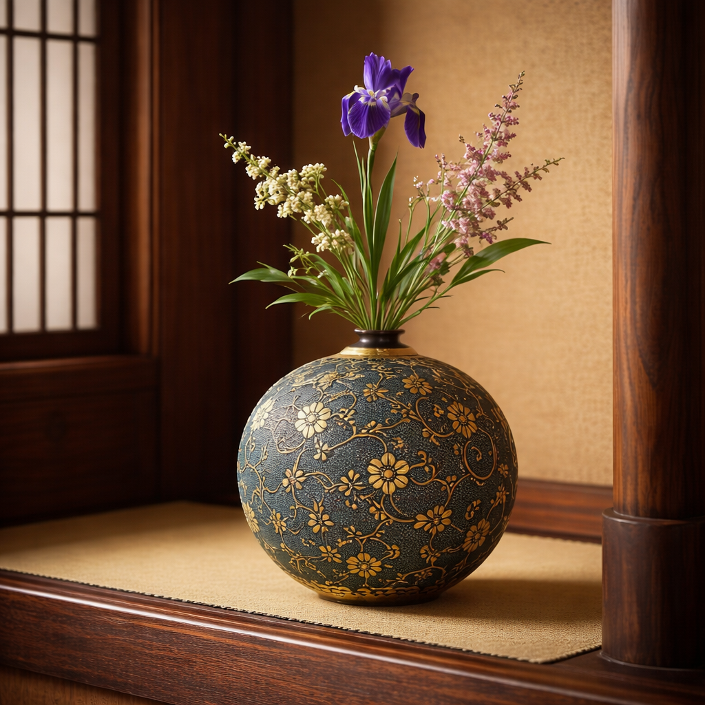 KUTANI WARE VASE MORIKIN KARAKUSA (GOLD ARABESQUE) WITH AOTSUBU BLUE DOTS BY KINGYOKU NAKADA