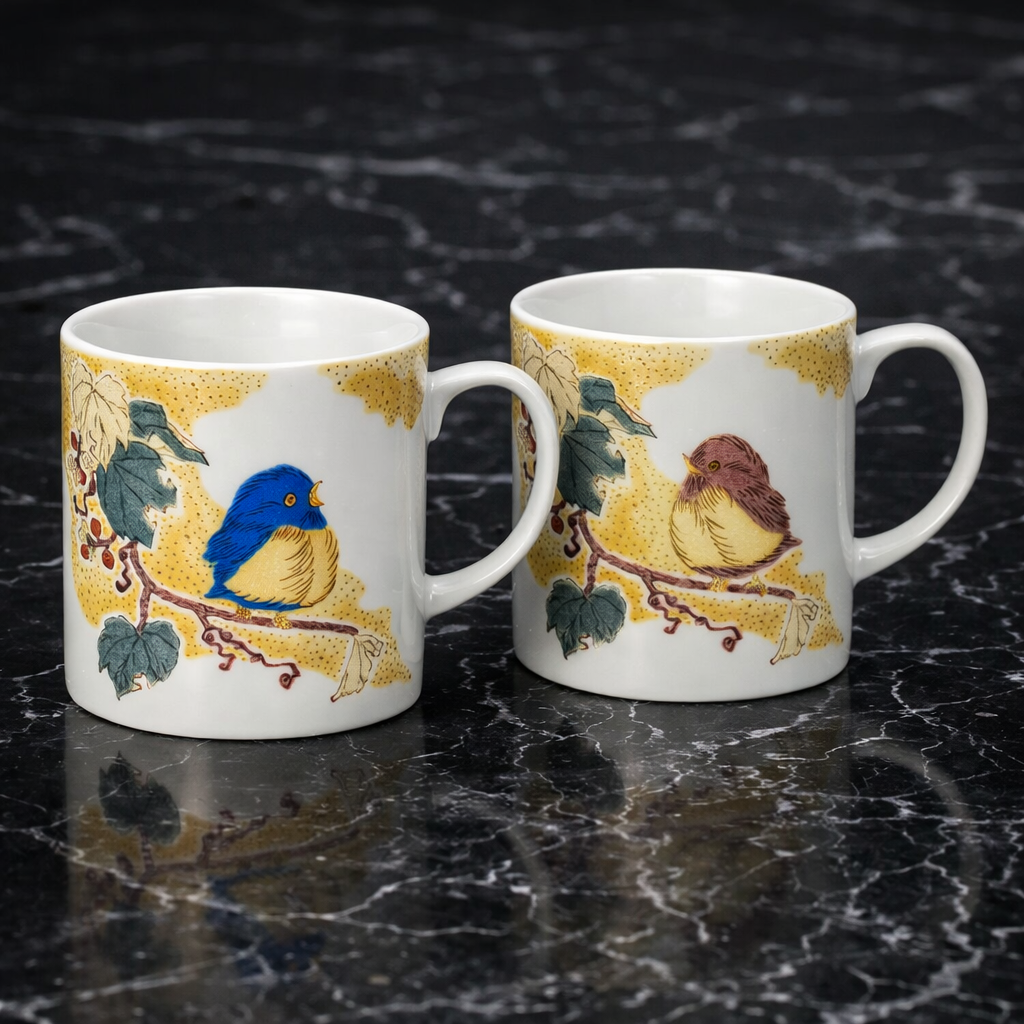 KUTANI WARE PAIR MUG CUPS – JAPANESE PORCELAIN MUGS WITH YOSHIDAYA SPARROW DESIGN, HAND-PAINTED TRADITIONAL KUTANI