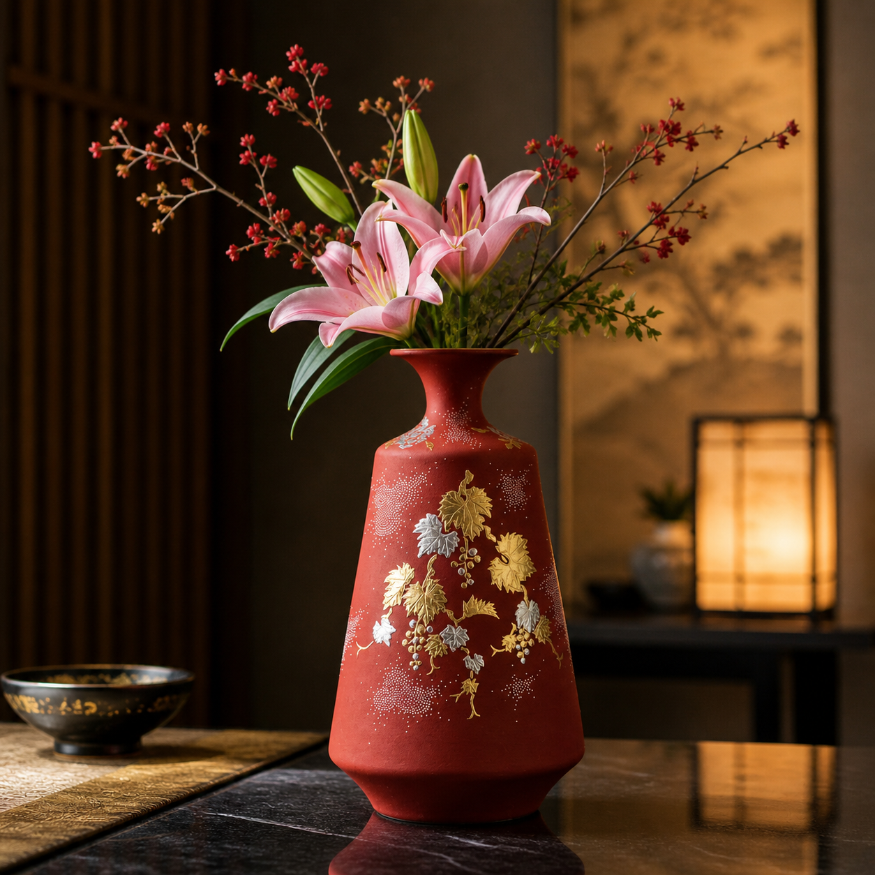 工芸品 Kutani ware vase by Takashi Kitamura Kutani ball vase by Takashi Kitamura decorated with cranes - 20th