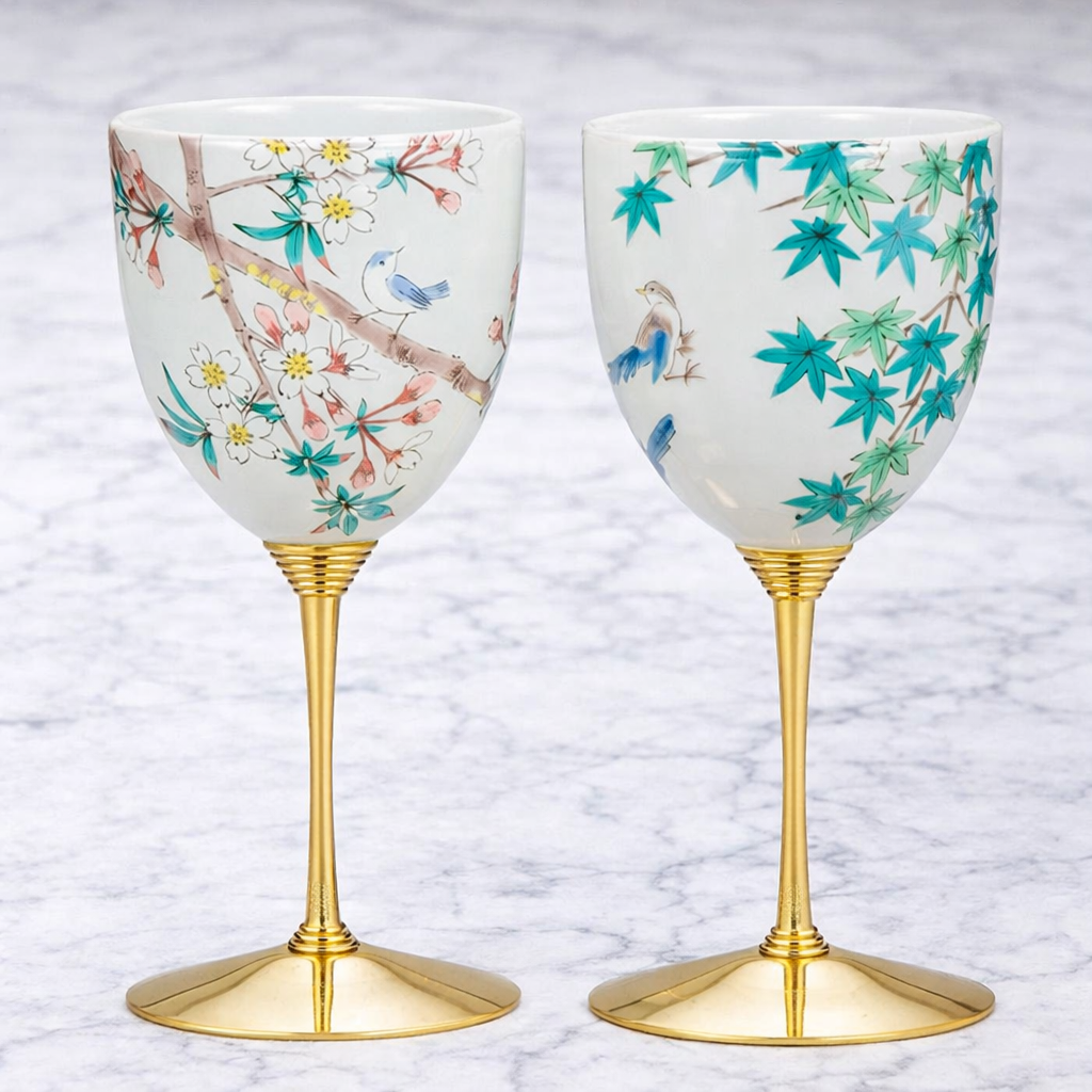 JAPANESE WINE GLASS KUTANI PAIR OF WINE CUPS BIRDS THROUGH THE SEASONS