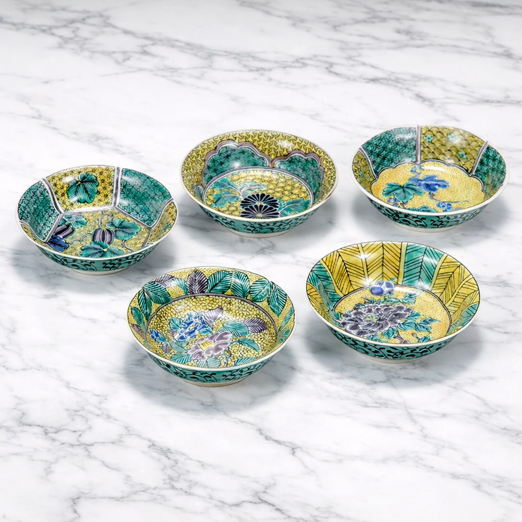 JAPANESE KUTANI WARE SMALL BOWL SET YOSHIDAYA STYLE ASSORTED DESIGNS GIFT BOX INCLUDED