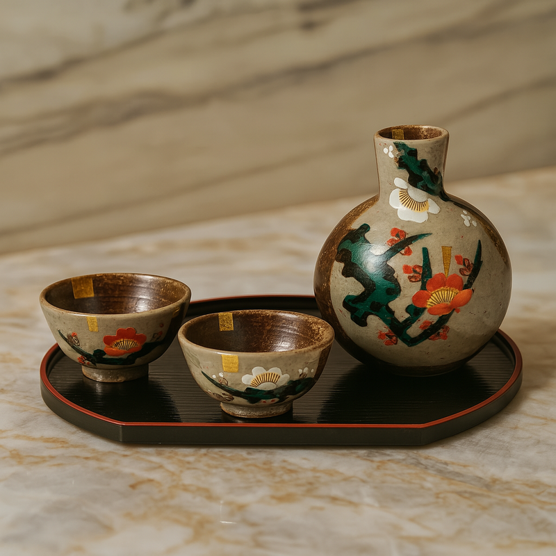 KUTANI JAPANESE SAKE SET RED AND WHITE PLUM BLOSSOMS/YOSHINORI FUKUDA