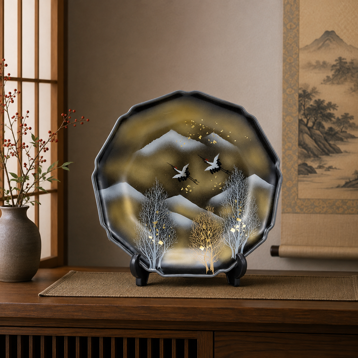 KUTANI WARE DECORATIVE PLATE - KIDACHI TSURU DESIGN, TRADITIONAL JAPANESE CRANE MOTIF