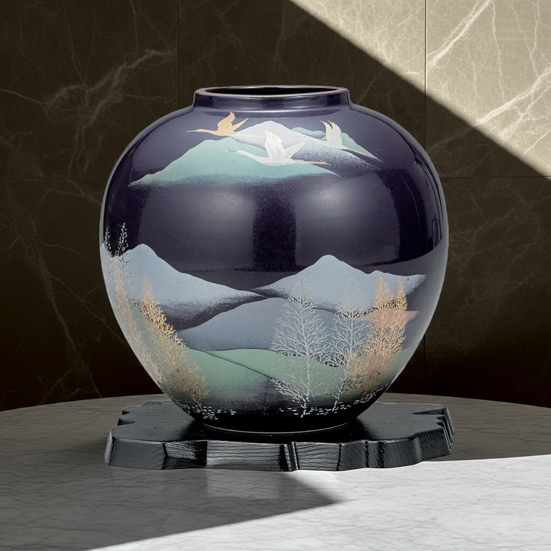 CRANES IN MOUNTAIN GROVE (WITH STAND) KUTANI JAPANESE FLOWER VASE