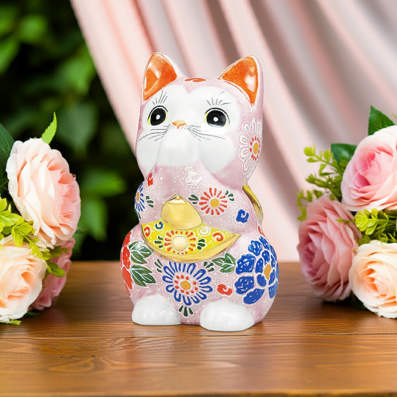 KUTANI WARE PRAYER CAT ‘PINK MORI’ – HAND-PAINTED MANEKI NEKO FIGURINE