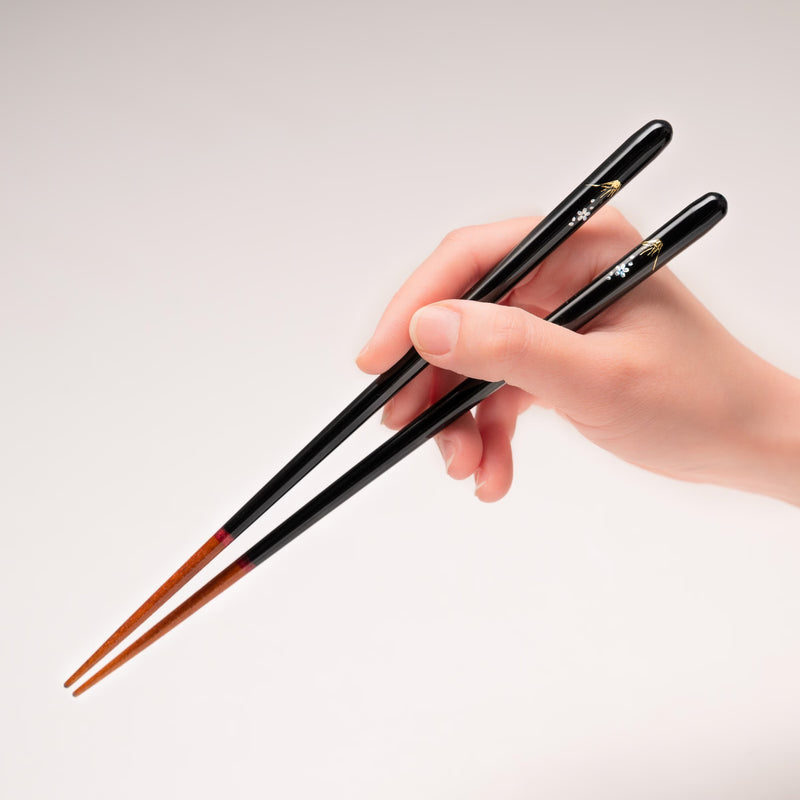 WAKASA-NURI CHOPSTICKS PAIR “SAKURA BLOOM” SAKURA & MT. FUJI PAIR WITH RAKUGAN CHOPSTICK RESTS