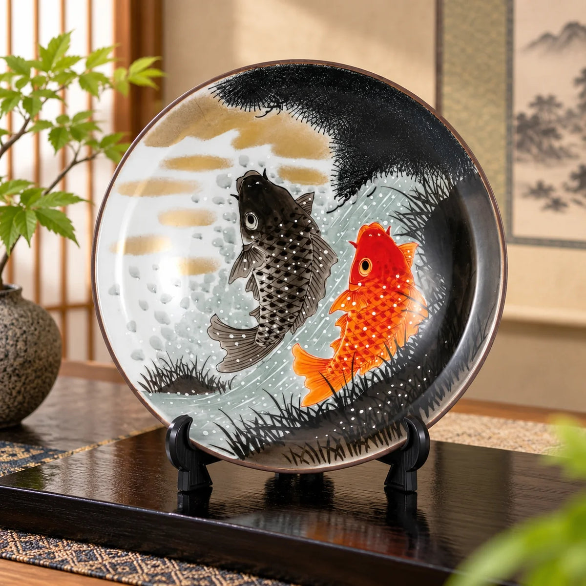KUTANI WARE DECORATIVE PLATE KOI CLIMBING THE WATERFALL / YOSHINORI FUKUDA