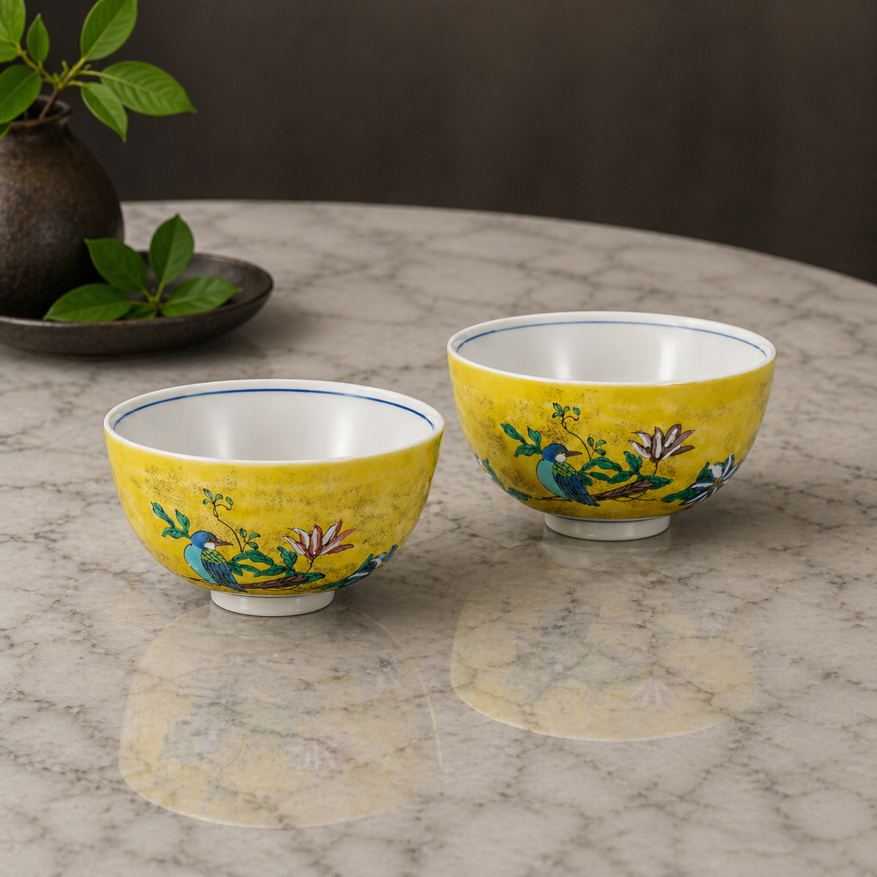 KUTANI WARE PAIR RICE BOWLS WITH YOSHIDAYA FLORAL & BIRD DESIGN