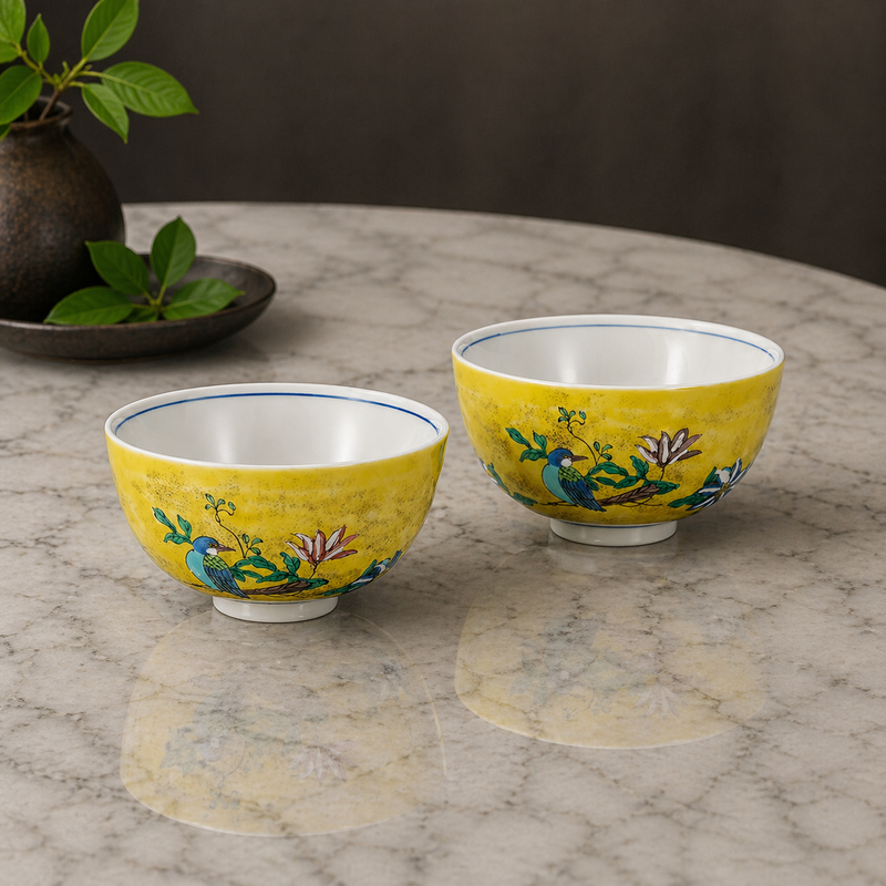 KUTANI WARE PAIR RICE BOWLS WITH YOSHIDAYA FLORAL & BIRD DESIGN