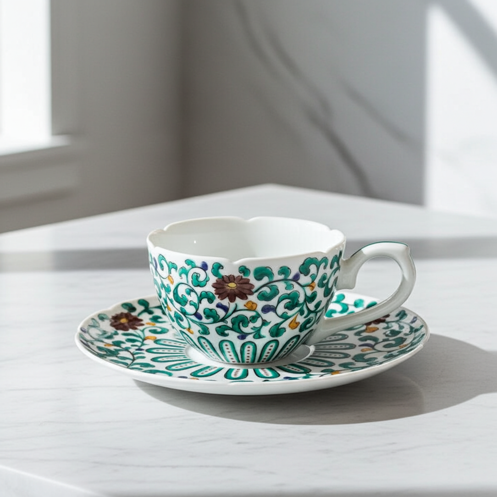 KUTANI WARE CUP & SAUCER COFFEE CUP KARAKUSA MON /TAMEKICHI MITSUI