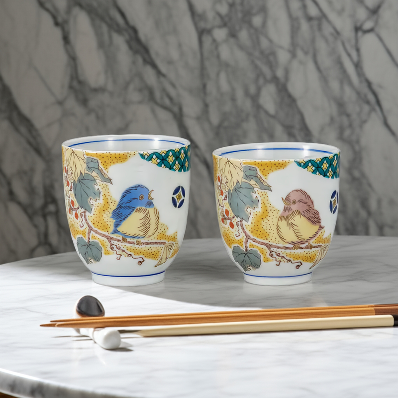 JAPANESE YUNOMI SET KUTANI KOMON YOSHIDAYA SPARROW