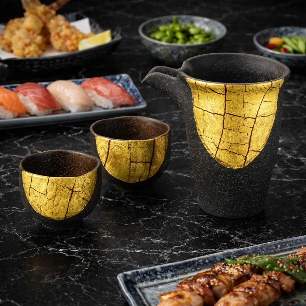 KUTANI WARE SAKE SET GOLD LEAF DECORATION