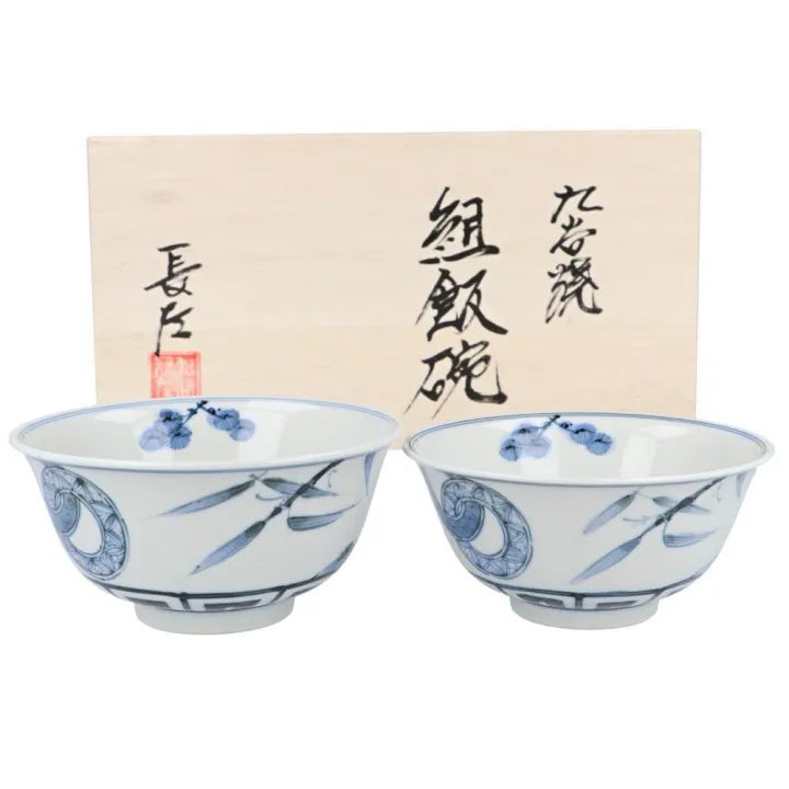 [IMPERIAL HOUSEHOLD PURVEYOR KILN] KUTANI WARE PAIR RICE BOWLS – DOUBLE RING PINE, BAMBOO & PLUM DESIGN BY CHOZA YAMAMOTO