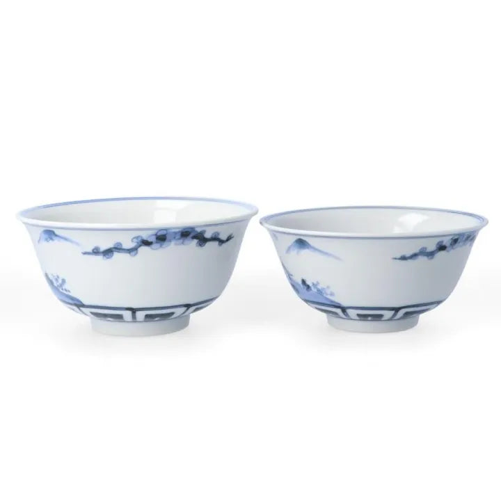 [IMPERIAL HOUSEHOLD PURVEYOR KILN] KUTANI WARE PAIR RICE BOWLS – DOUBLE RING PINE, BAMBOO & PLUM DESIGN BY CHOZA YAMAMOTO