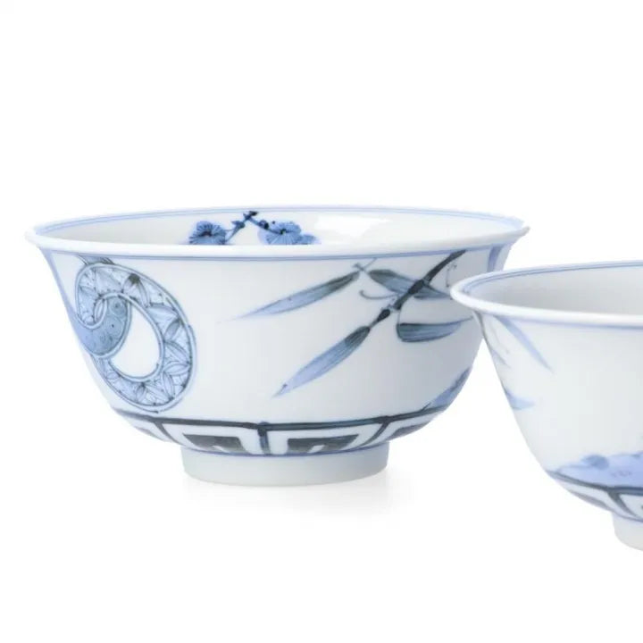 [IMPERIAL HOUSEHOLD PURVEYOR KILN] KUTANI WARE PAIR RICE BOWLS – DOUBLE RING PINE, BAMBOO & PLUM DESIGN BY CHOZA YAMAMOTO