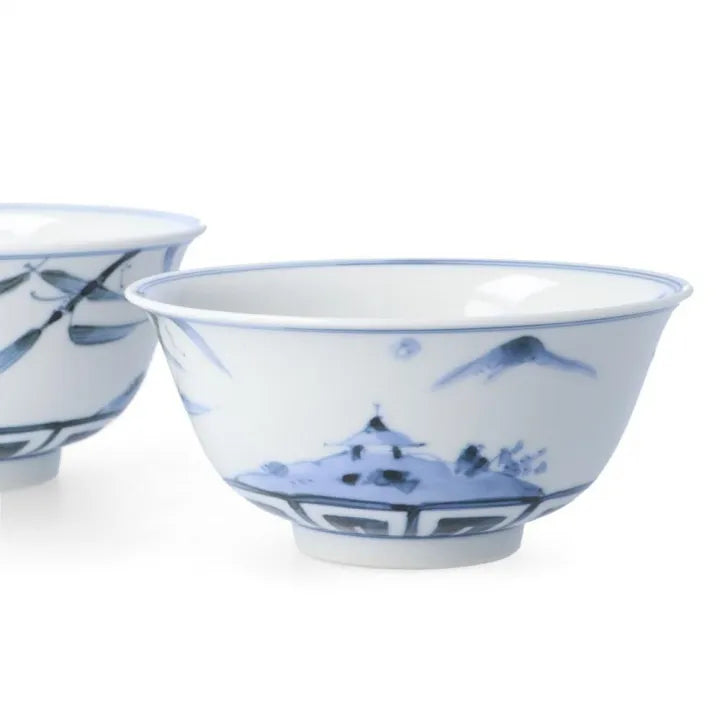 [IMPERIAL HOUSEHOLD PURVEYOR KILN] KUTANI WARE PAIR RICE BOWLS – DOUBLE RING PINE, BAMBOO & PLUM DESIGN BY CHOZA YAMAMOTO