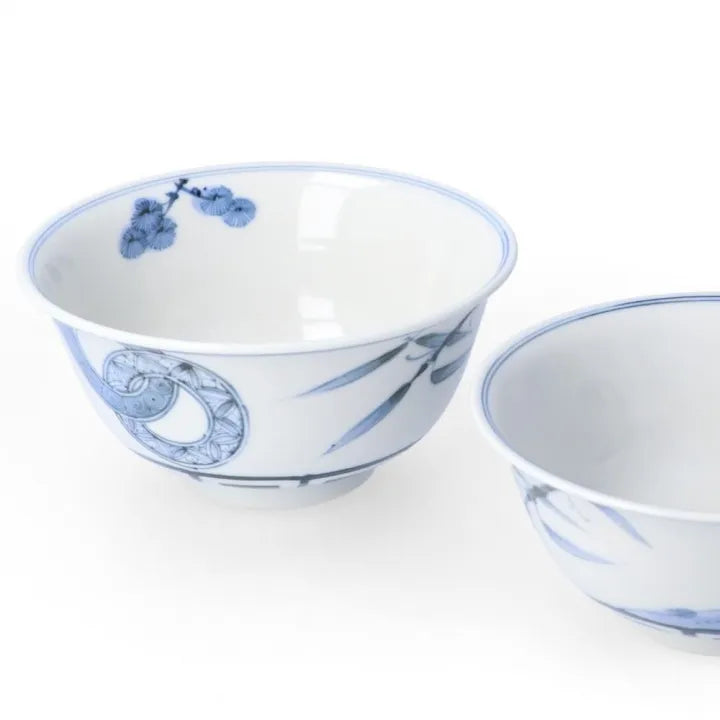 [IMPERIAL HOUSEHOLD PURVEYOR KILN] KUTANI WARE PAIR RICE BOWLS – DOUBLE RING PINE, BAMBOO & PLUM DESIGN BY CHOZA YAMAMOTO