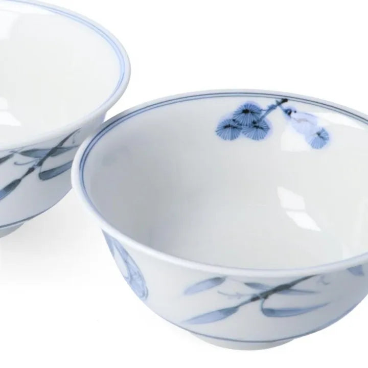 [IMPERIAL HOUSEHOLD PURVEYOR KILN] KUTANI WARE PAIR RICE BOWLS – DOUBLE RING PINE, BAMBOO & PLUM DESIGN BY CHOZA YAMAMOTO