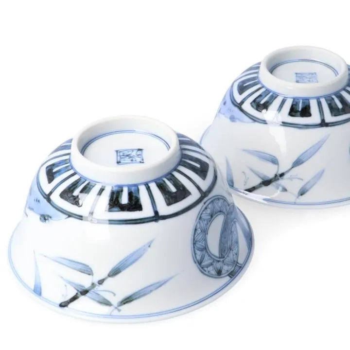 [IMPERIAL HOUSEHOLD PURVEYOR KILN] KUTANI WARE PAIR RICE BOWLS – DOUBLE RING PINE, BAMBOO & PLUM DESIGN BY CHOZA YAMAMOTO