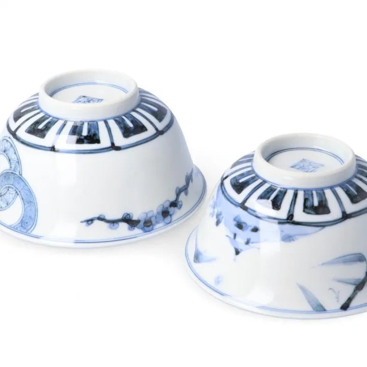 [IMPERIAL HOUSEHOLD PURVEYOR KILN] KUTANI WARE PAIR RICE BOWLS – DOUBLE RING PINE, BAMBOO & PLUM DESIGN BY CHOZA YAMAMOTO
