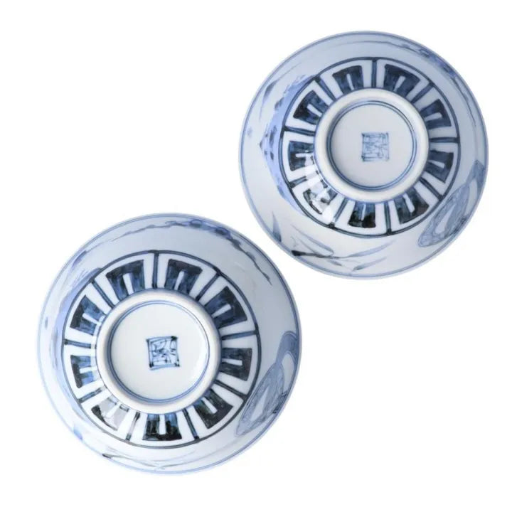 [IMPERIAL HOUSEHOLD PURVEYOR KILN] KUTANI WARE PAIR RICE BOWLS – DOUBLE RING PINE, BAMBOO & PLUM DESIGN BY CHOZA YAMAMOTO