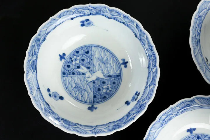 JAPANESE KUTANI WARE [IMPERIAL HOUSEHOLD PURVEYOR KILN] SMALL BOWL SET – SEIKA BLUE AND WHITE RABBIT DESIGN BY CHOZA YAMAMOTO