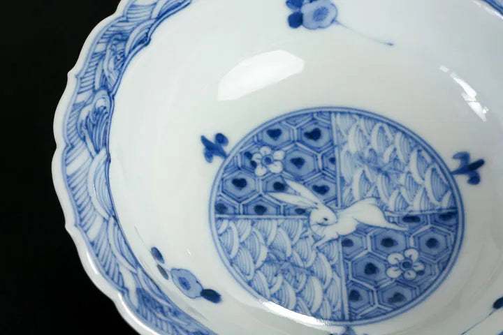 JAPANESE KUTANI WARE [IMPERIAL HOUSEHOLD PURVEYOR KILN] SMALL BOWL SET – SEIKA BLUE AND WHITE RABBIT DESIGN BY CHOZA YAMAMOTO