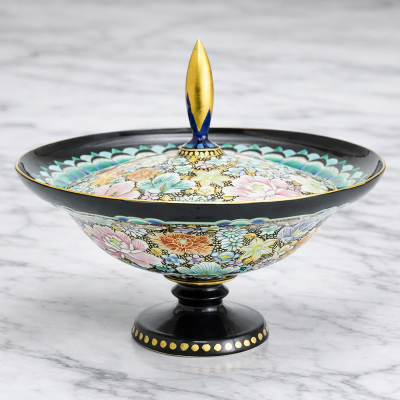 KUTANI WARE PEDESTAL PLATE – IROE KINRAN HANA-ZUME BY TAKAFUMI TAKA, JAPANESE PORCELAIN