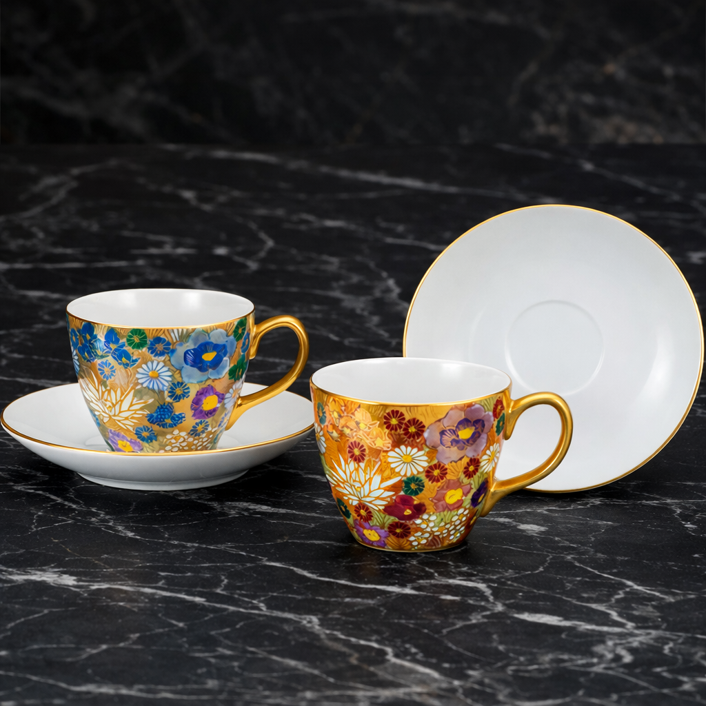 KUTANI WARE PAIR OF CUPS & SAUCERS KIN HANA-ZUME