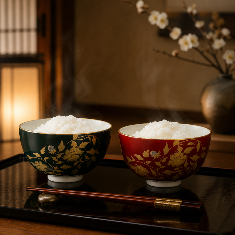 KUTANI RICE BOWL PAIR SET – KINRANDE GOLD HAND-PAINTED BY TAISHI KILN, IN GIFT BOX