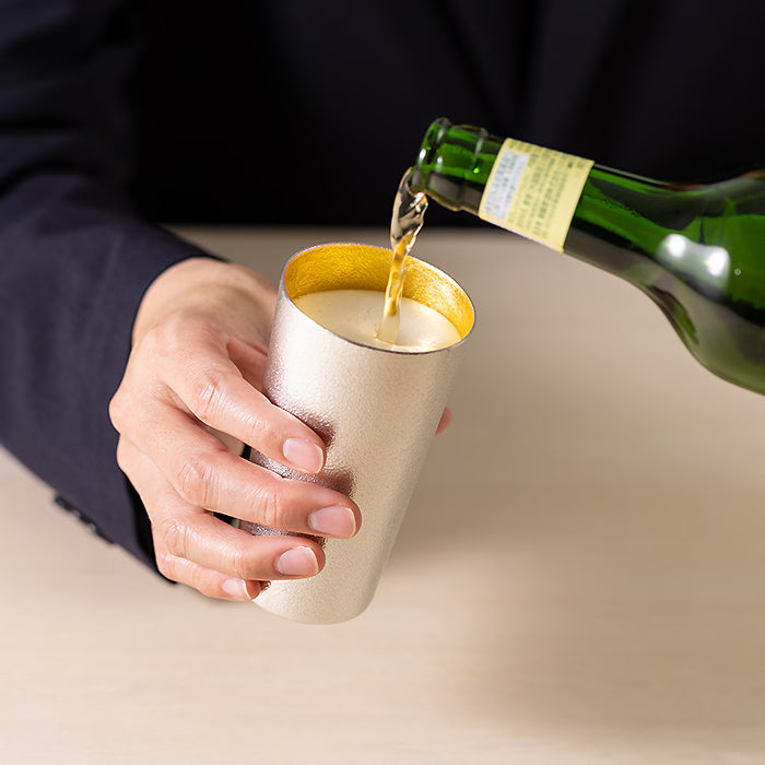 NOUSAKU JAPANESE TIN BEER CUPS WITH GOLD LEAF – SET OF 2|MADE IN JAPAN|PAULOWNIA WOOD BOX