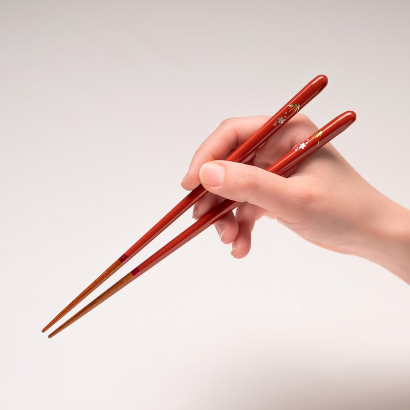 WAKASA-NURI CHOPSTICKS PAIR “SAKURA BLOOM” SAKURA & MT. FUJI PAIR WITH RAKUGAN CHOPSTICK RESTS