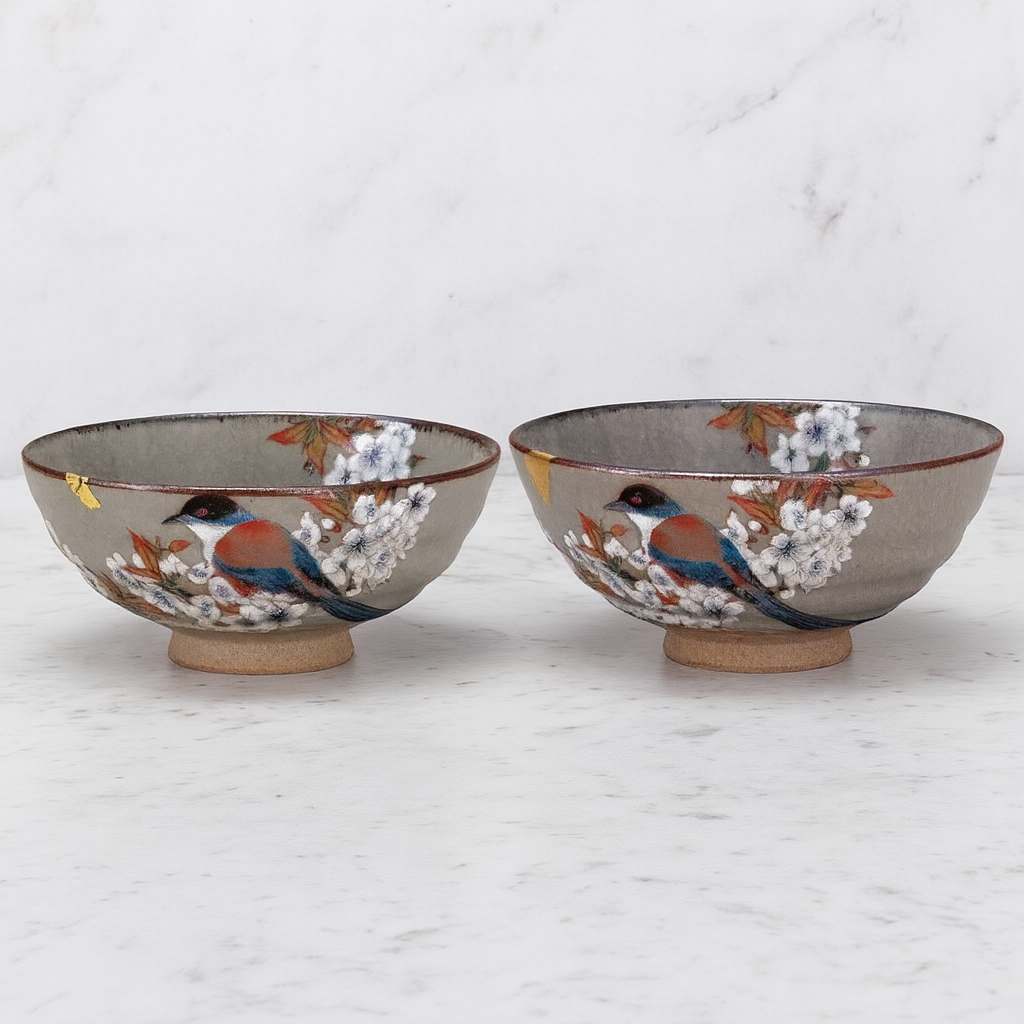 KUTANI WARE SET OF RICE BOWLS(SAKURA HANAMON DESIGN)