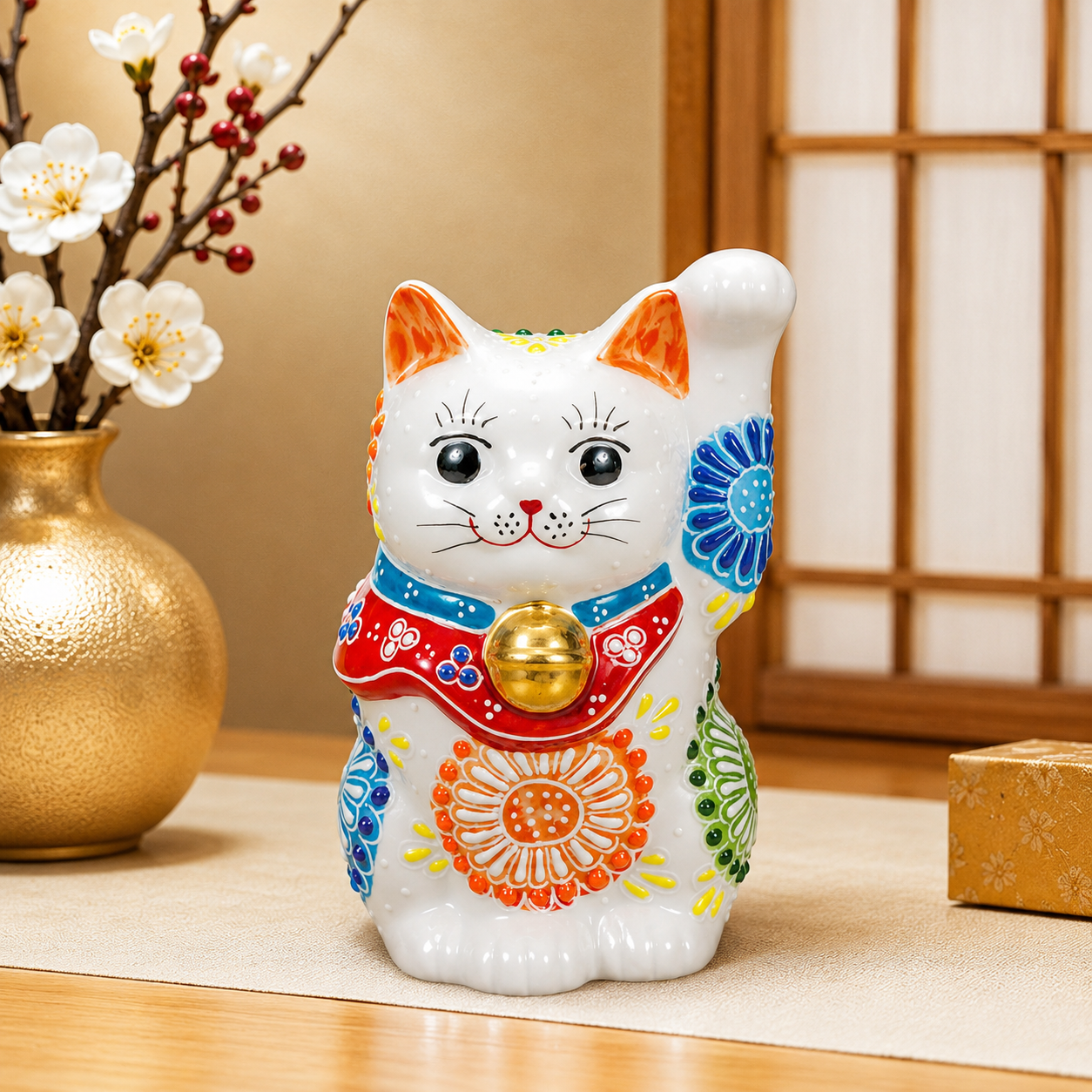KUTANI JAPANESE LUCKY CAT(MANEKI NEKO) SHIRO-MORI HANA