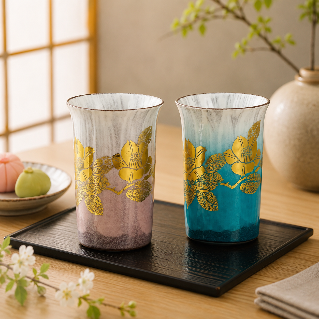 KUTANI WARE PAIR OF FREE CUPS GENUINE GOLD CAMELLIA
