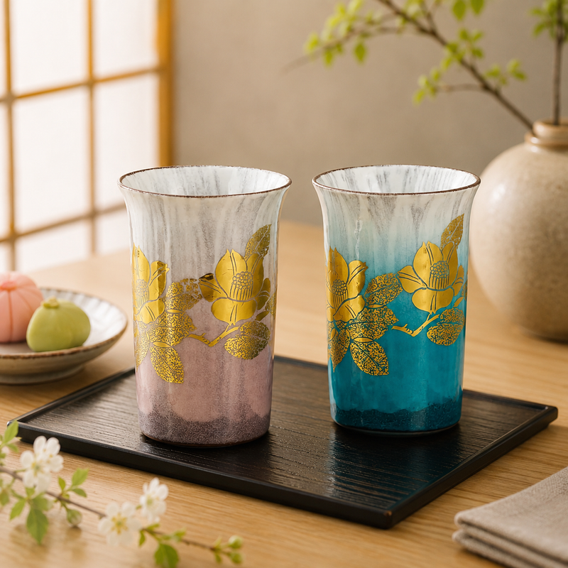 KUTANI WARE PAIR OF FREE CUPS GENUINE GOLD CAMELLIA