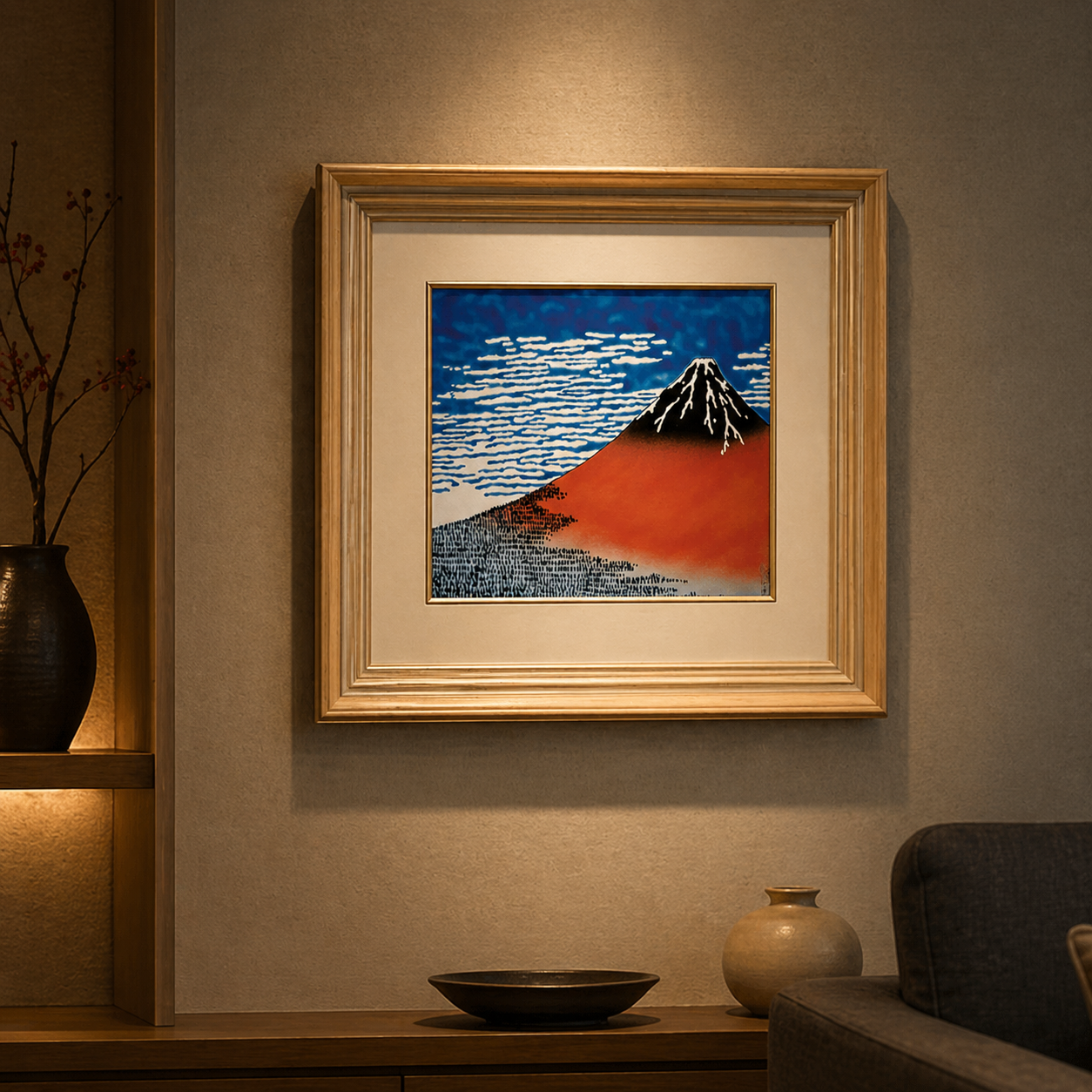 KUTANI WARE PORCELAIN PLAQUE “FINE WIND, CLEAR MORNING (GAIFŪ KAISEI)” BY HOKUSAI