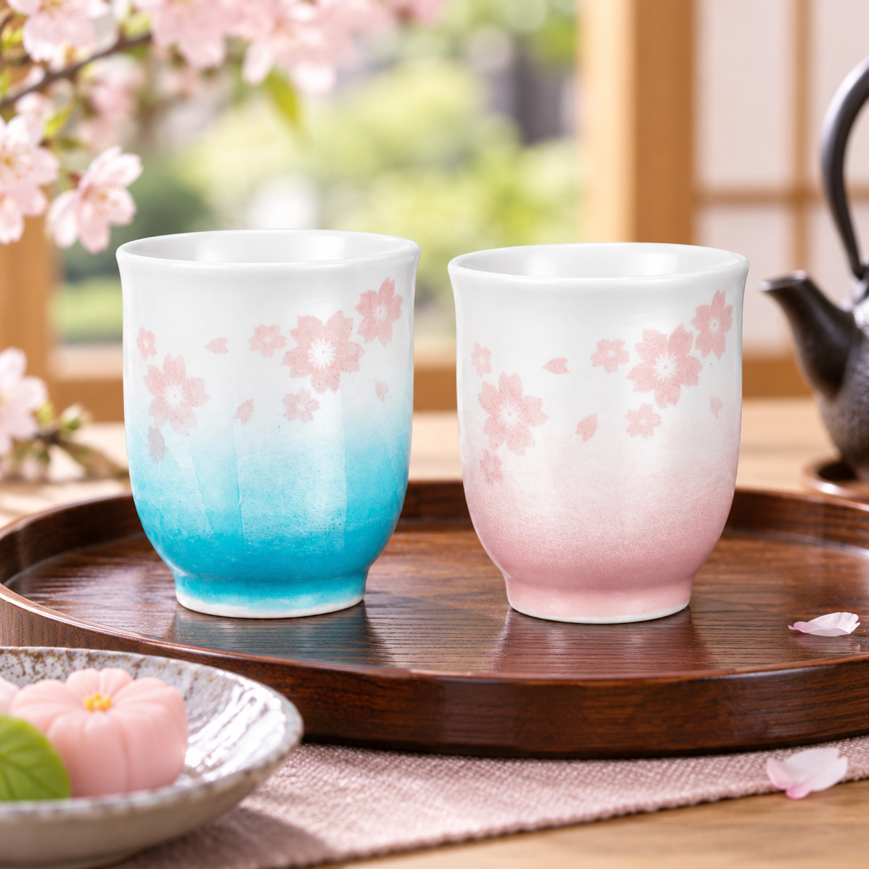 KUTANI WARE “SILVER SAKURA” YUNOMI TEA CUP PAIR