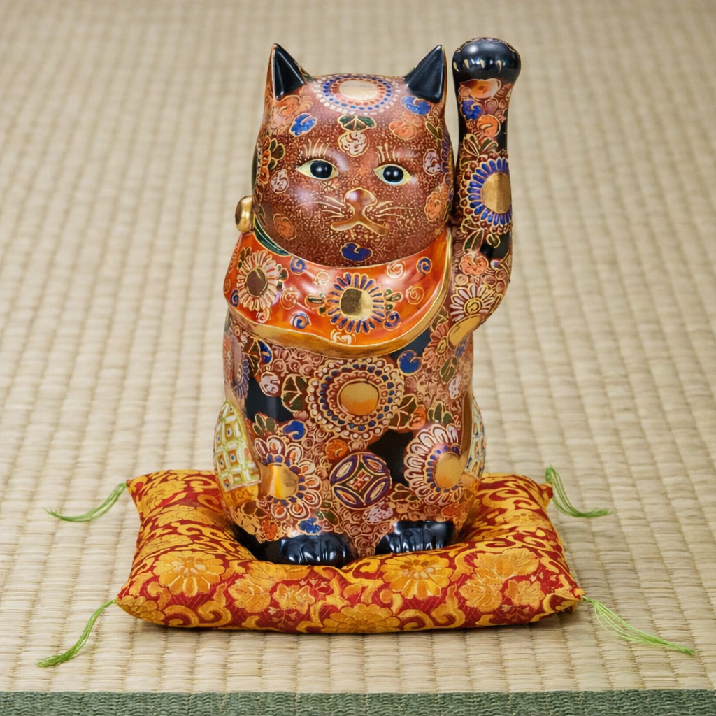 KUTANI WARE MANEKI NEKO – JAPANESE LUCKY CAT FIGURINE WITH MORI DECORATION, HAND-PAINTED PORCELAIN WITH CUSHION