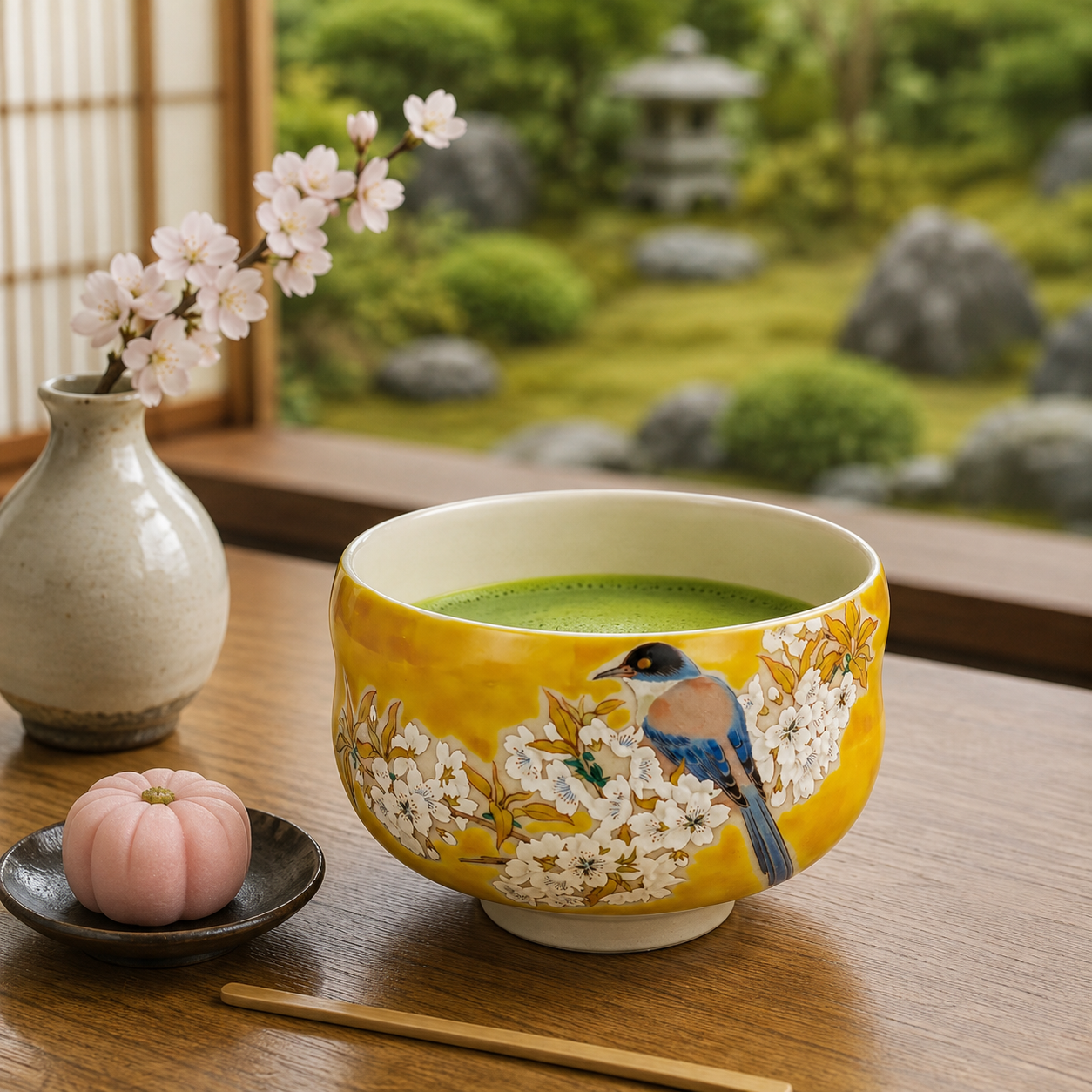 KUTANI JAPANESE MATCHA BOWL-YOSHIDAYA STYLE SAKURA AND BIRD DESIGN