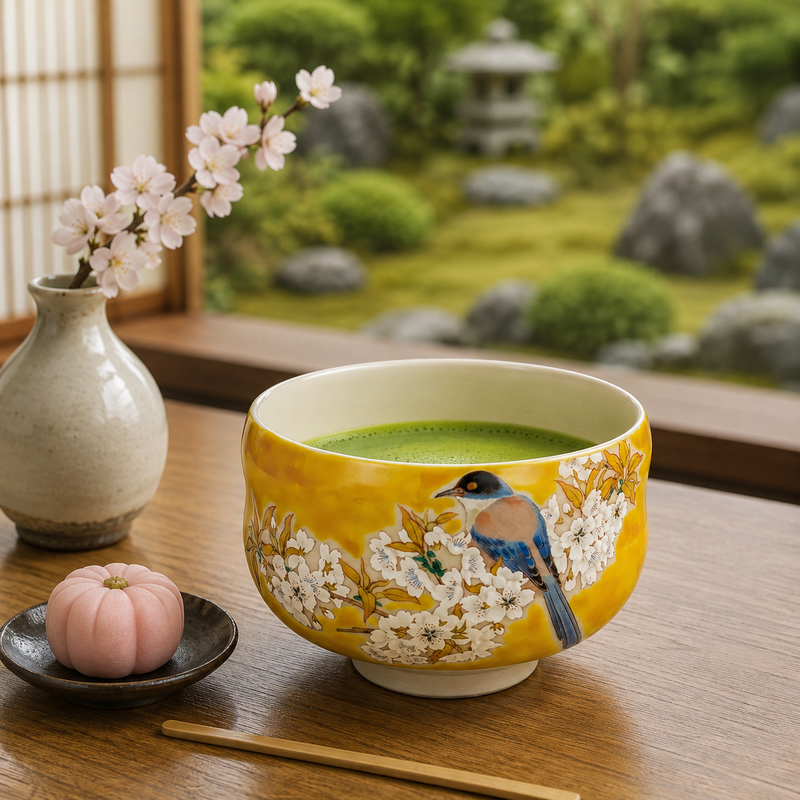 KUTANI JAPANESE MATCHA BOWL-YOSHIDAYA STYLE SAKURA AND BIRD DESIGN