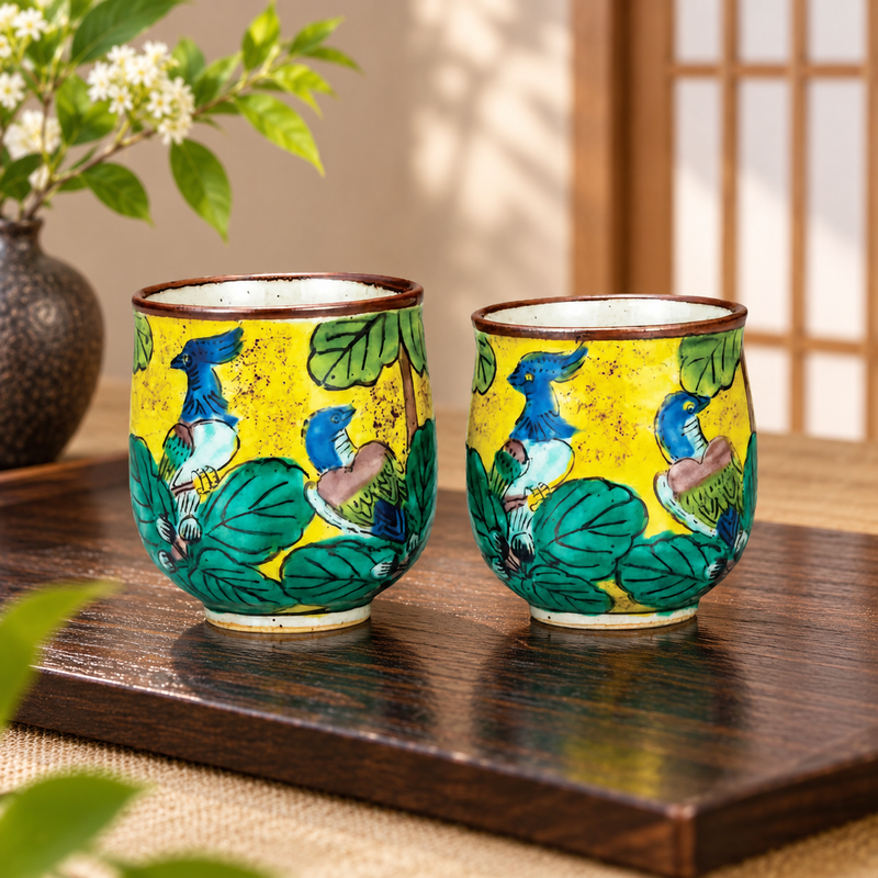 KUTANI WARE PAIR YUNOMI TEACUPS (YOSHIDAYA STYLE)