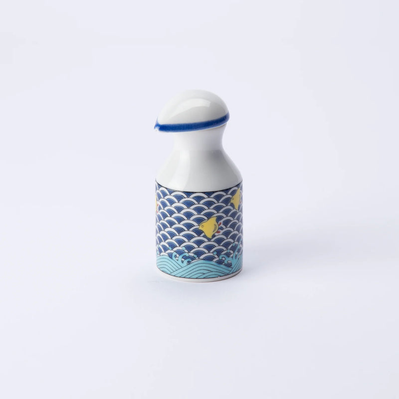 KUTANI WARE PATTERNED SOY SAUCE DISPENSER CHIDORI DESIGN SEIKOU KILN, JAPANESE CERAMIC SAUCE CONTAINER