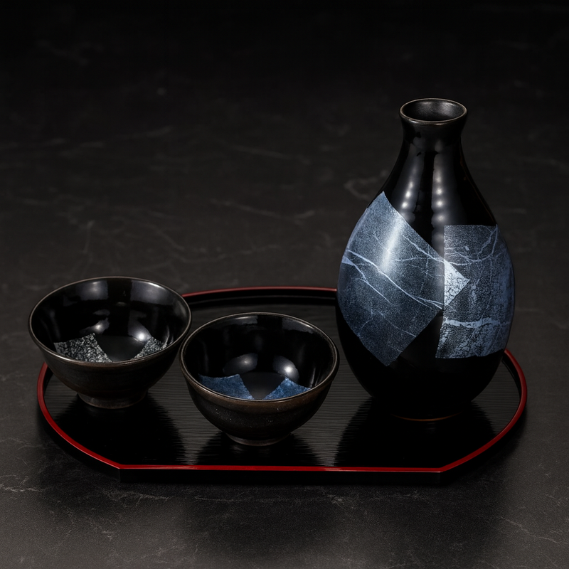 KUTANI WARE SAKE SET – GINSAI SILVER GLAZE (WITH TRAY, GIFT BOX INCLUDED)