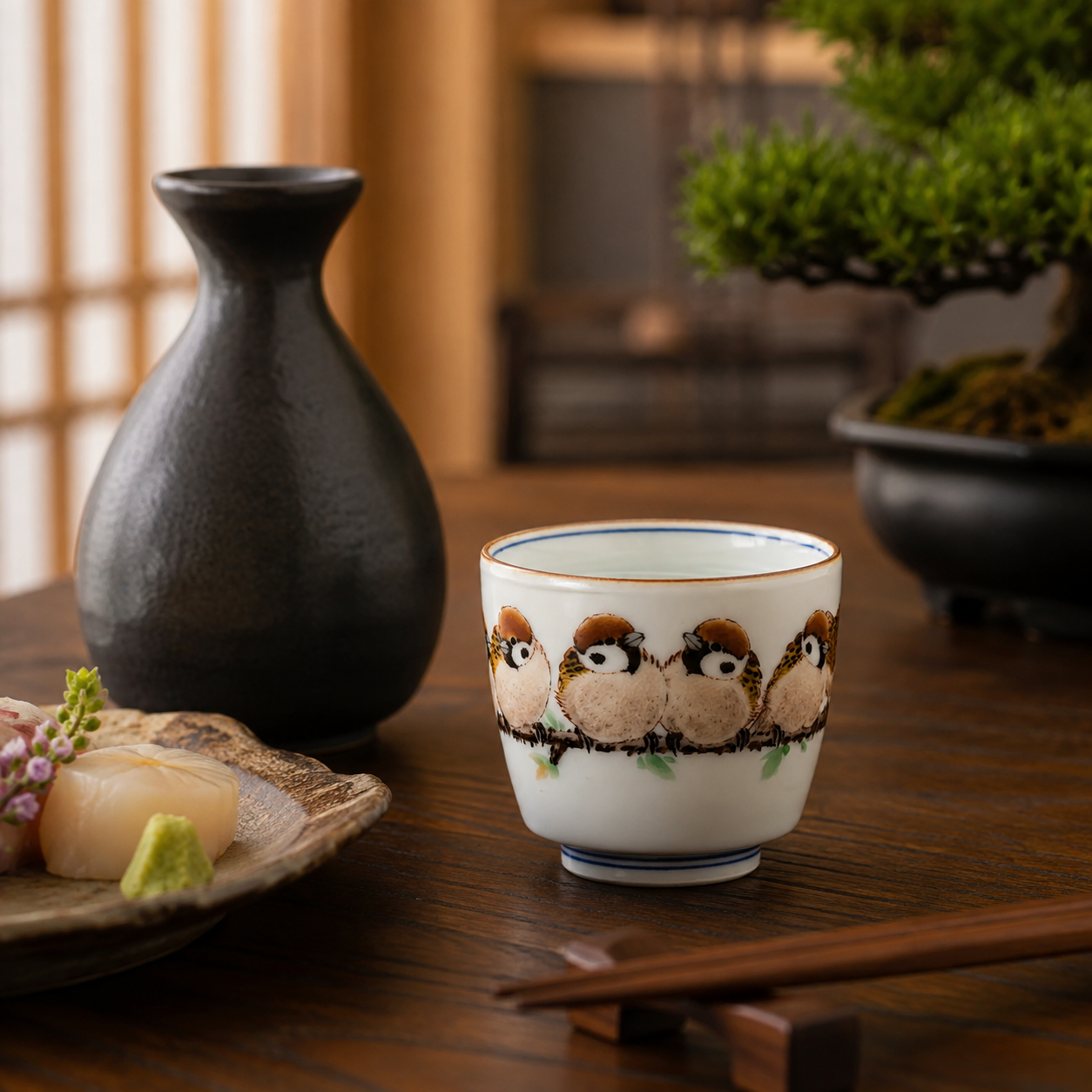 KUTANI WARE GUINOMI SAKE CUP – SPARROWS IN FLIGHT MOTIF / TOSHITO NAKAMURA