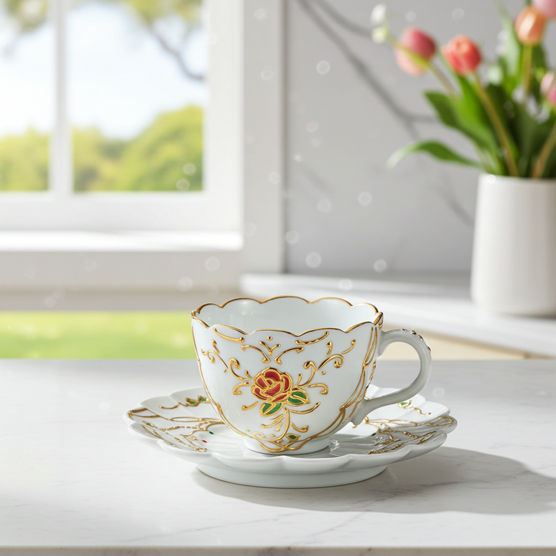JAPANESE KUTANI WARE CUP & SAUCER – “HANAMUSUBI” FLORAL DESIGN BY SHIHO AIKAWA