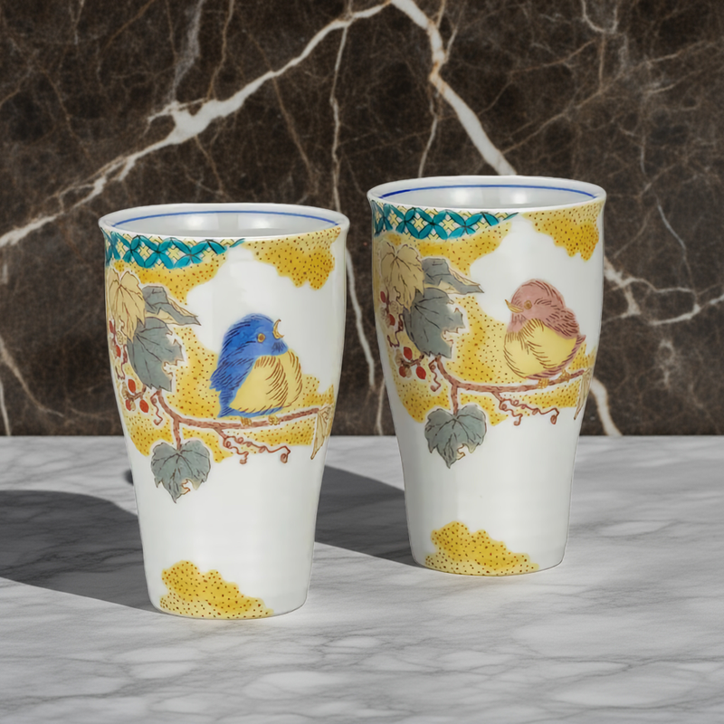 KUTANI WARE PAIR OF FREE CUPS KOMON YOSHIDAYA SPARROW